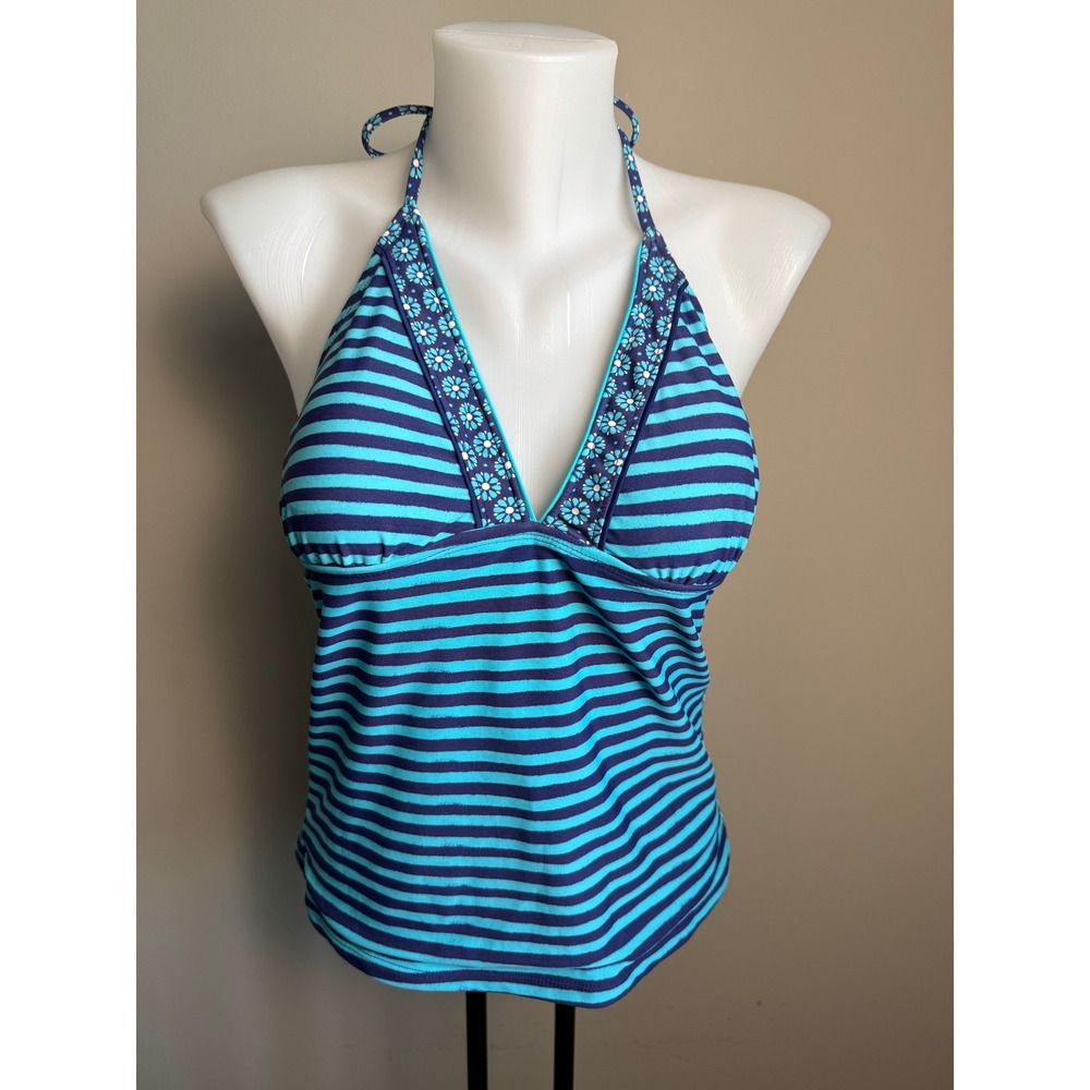 Old‎ Navy Striped Halter Tankini Swim Top Blue Floral Y2K Coastal Beach Medium
